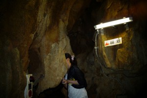 戸津井鍾乳洞の盾岩で中川アナ