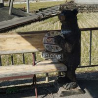 バス停に木彫りの熊