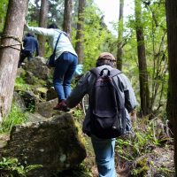 岩を登っていく